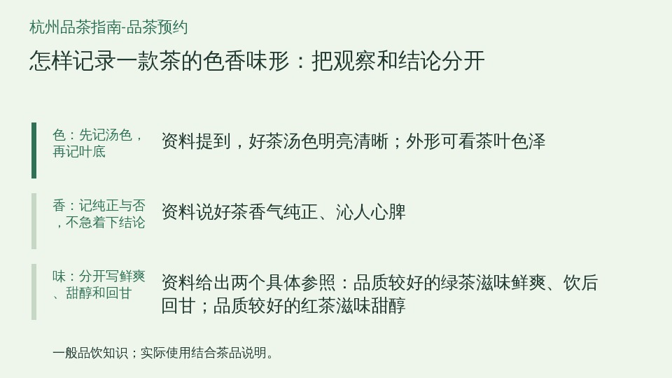 怎样记录一款茶的色香味形:把观察和结论分开的知识要点示意图